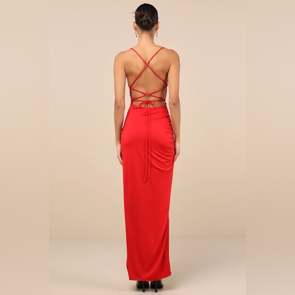 Lulus Stunning Perception Red Slinky Lace-Up Maxi Dress Small NEW NWT - Picture 2 of 6